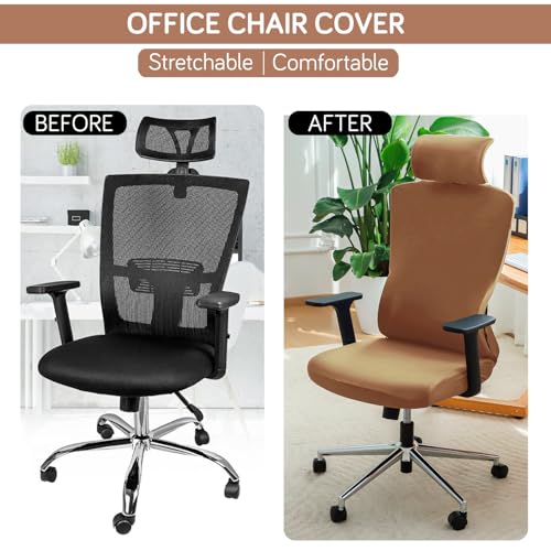 Image of HOKIPO 140 GSM Office Chair Cover with Headrest (High-Back) - 140 GSM Stretch Fabric - Washable, Anti-Slip Fit for Ergonomic Mesh Office Chairs, Caramel Brown (AR-6704-SBRN)
