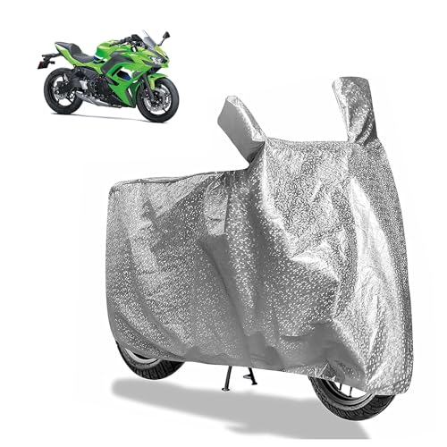 Image of Sulfar Bike Cover for Kawasaki Ninja 650 (Sports Tourer) | Waterproof, Dustproof & UV Protected | All Weather Two Wheeler Cover (Silver) New 2026 Variants