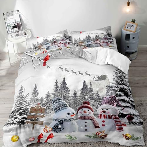 LUVIVIHOME 2PCS Snowman Duvet Cover Twin Bedding Sets, Boys Girls Kids Bedding, Christmas Tree Red Cardinal Bird Santa Reindeer Winter Holiday Xmas Gifts White Christmas Comforter Cover, 1 Pillow Case