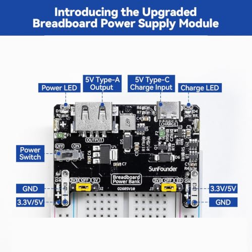 Image of SunFounder BreadVolt Breadboard Power Supply Module Built-in Rechargeble Battery Compatible with Arduino, Raspberry Pi, Pico W, ESP32, 5V /1.5A, 3.3V /1A, USB Output (Breadboard NOT Included)