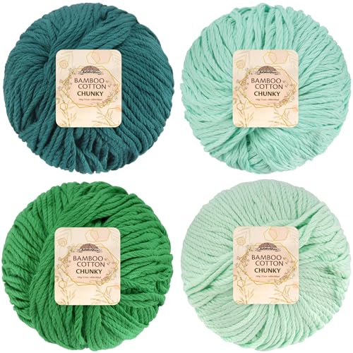 JubileeYarn Bamboo Cotton Chunky Yarn - 100g/Ball - Shades of Green - 4 Balls, 98 Shades of Green