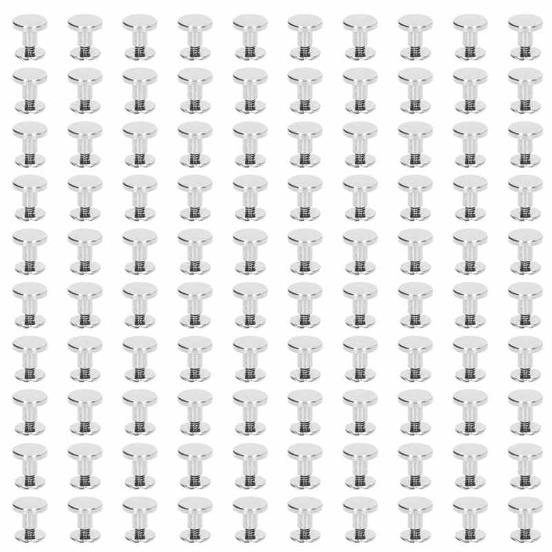 100 Sets Metal Chicago Binding Screws Electroplated Brass Arc Surface Round Flat Head Leather Rivets Screws stainless steel - (Color: Silver)