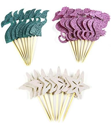 Partico 24 Pieces Mermaid Theme Glitter Cupcake Topper Cake Picks Decoration for Baby Shower Birthday Party Favors, Mermaid Tail, Seahorse and Starfish Food Picks