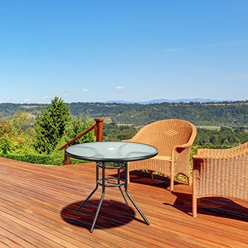 35.4"Outdoor Bistro Table Round Patio Dining Table Coffee Table Side Table With Umbrella Hole, Outdoor Indoor Banquet Furniture With Metal Frame And Glass Top For Garden Backyard Porch Lawn Deck,Black #TOP5