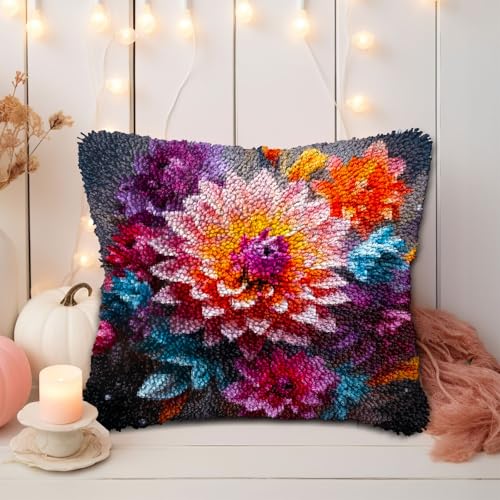 Image of Beautiful Flowers Dahlia DIY Latch Hook Pillow Kits for Adults Printed Pillowcase Crochet Yarns Hooking Handmade Pillow Cover Cushion for Home Sofa Decoration 17x17inch