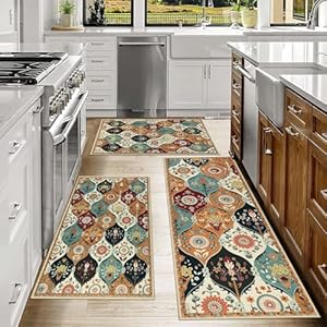 Falflor Moroccan Trellis Kitchen Rug Sets of 3 Non Slip Kitchen Mats for Floor Washable Kitchen Rug and Mats Floral Pattern Kitchen Rugs Floor Carpet for Hallway Dinning Room Bathroom