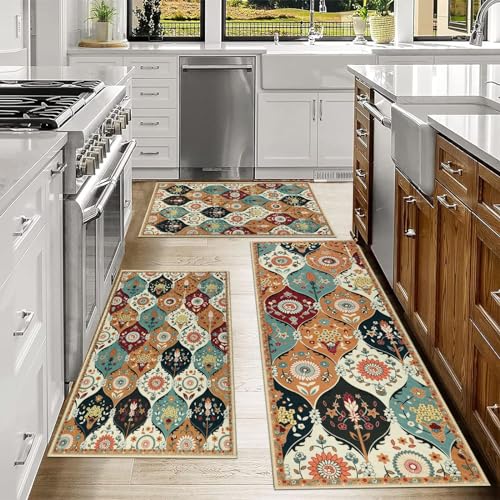 Falflor Moroccan Trellis Kitchen Rug Sets of 3 Non Slip Kitchen Mats for Floor Washable Kitchen Rug and Mats Floral Pattern Kitchen Rugs Floor Carpet for Hallway Dinning Room Bathroom