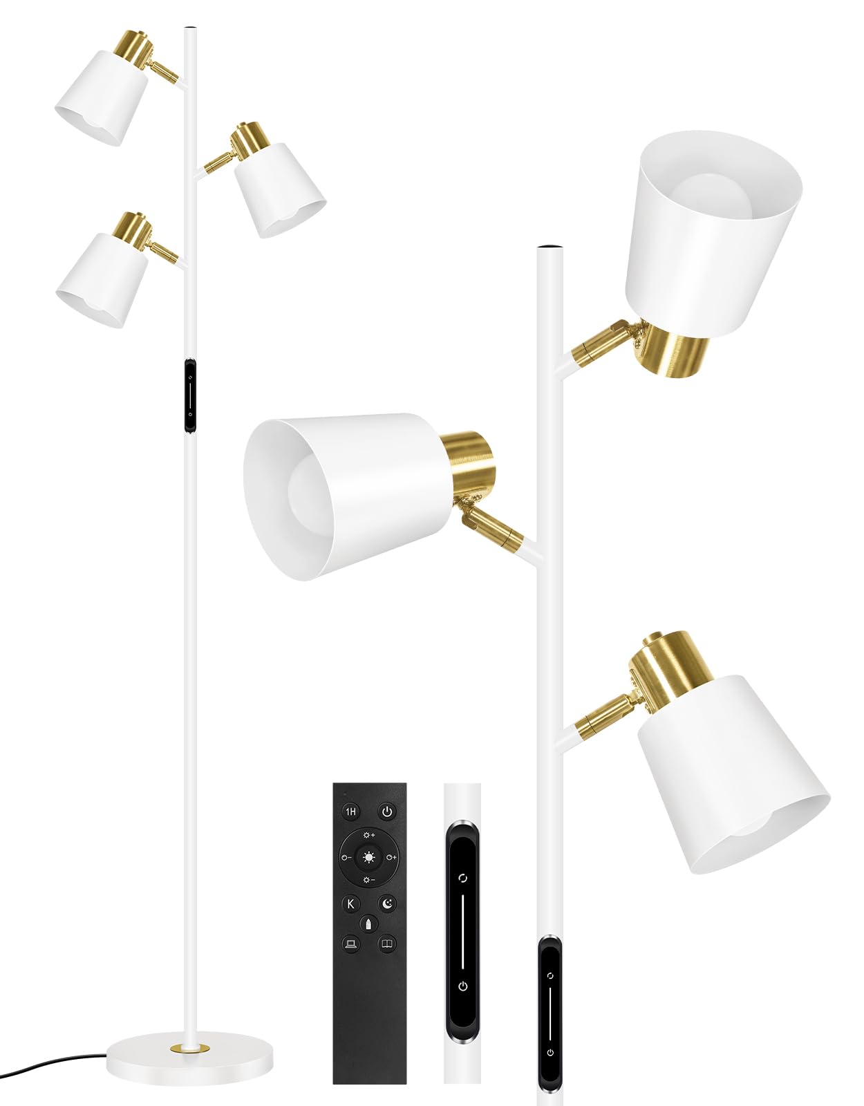 OUTON Lampara de Pie LED Regulable con Control Remoto y Táctil, 36W 2700LM, 4 Temperaturas de Color, 3 Luces Giratorias, Lámpara de Pie Lectura para Sala de Estar, Dormitorio, Oficina, Blanco