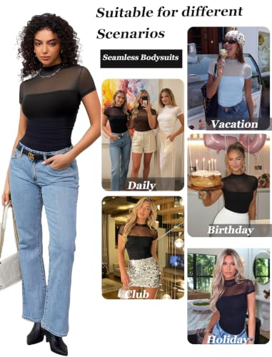 Image of Avidlove Women's Short Sleeve Bodysuit Turtle Neck Body Suits Mesh One Piece Leotard Going Out Tops Date Outfits