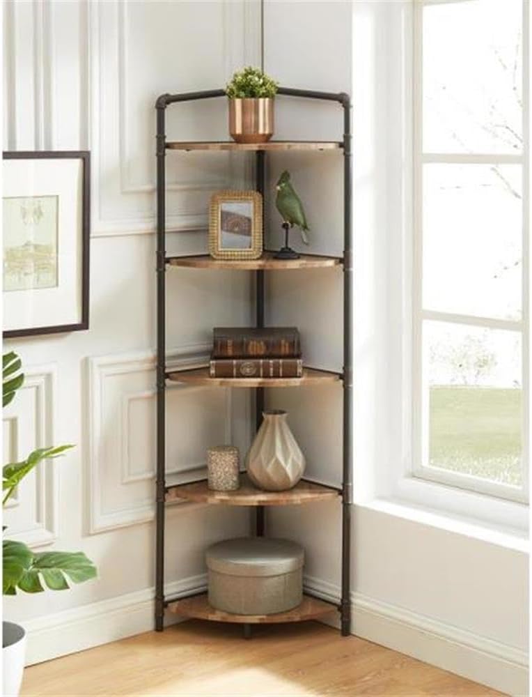 BOWERY HILL Industrial Wood 5-Tier Bookcase, Sand Black Finish, MDF and Steel Frame, 22.75" W x 15.25" D x 63.75" H, Space-Saving Corner Shelf for Living Room, Bedroom, Kitchen or Bathroom