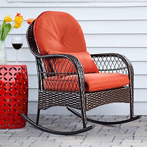 COSTWAY Rattan Armchair Wicker Rocking Sofa Relaxing Lounge Chair Metal Frame with Lumbar Pillow & Cushion, Garden Patio Porch Lawn Deck Backyard Furniture