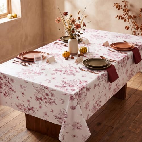 Image of 3 Pcs Burgundy Floral Plastic Tablecloths, 54 X 108Inch Fall Party Tablecloth Disposable Table Cloth Burgundy and White Porcelain Tables Decor for Autumn Dinner Harvest Wedding Birthday Picnic