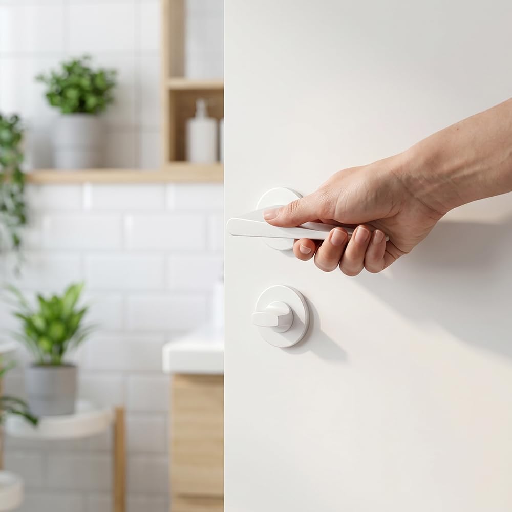ERGO line RENA Super SLIM Weiß Türbeschlag für Badtüren und WC-Türen, Türgriff mit WC-Rosette, Rund-Rosette, Die ultra-feine Silhouette, Drückergarnitur, Türklinken Innentüren, Türdrücker, Edelstahl