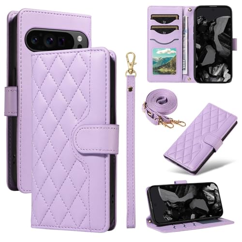 Étui portefeuille Google Pixel 10 Pro 5G en cuir violet premium avec lanière élégante