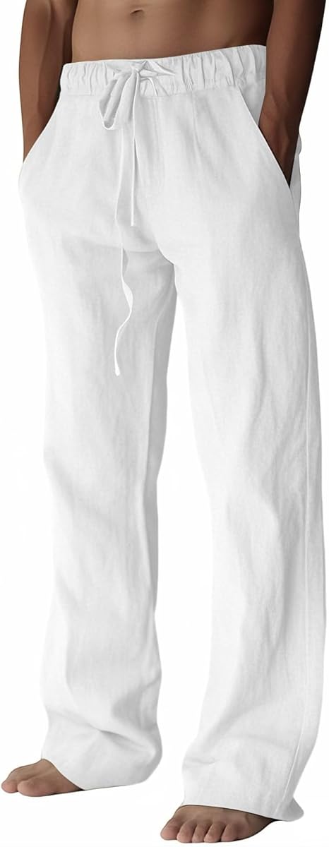 PIDOGYM Mens Cotton Linen Pants, Summer Beach Pants Casual Loose Fit with Elastic Waist Drawstring White at Amazon Men’s Clothing store
