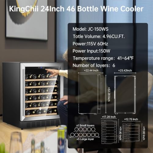 Image of KingChii 24 Inch 46 Bottle Wine Cooler Refrigerator Professional Compressor, Stainless Steel & Tempered Glass for Red Wine, Champagne - Built-in or Freestanding for Home, Kitchen, or Office