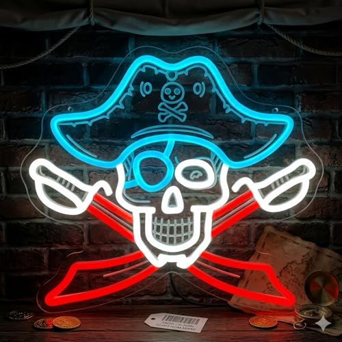 Image of Pirate Skull Neon Sign, USB Powered LED Light for Room Decor | Skull Wall Decor for Bedroom, Game Room, Halloween Party, Bar, Pirate Theme and Gift