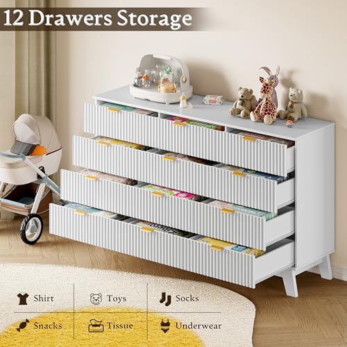 Image of BORNOON 57 inch Wide Dresser for Bedroom, 12-Drawer Fluted Dresser with Metal Handles, Wood Chest of Drawers with Smooth Slides and Stable Base, Modern Storage Cabinet for Living Room, Nursery