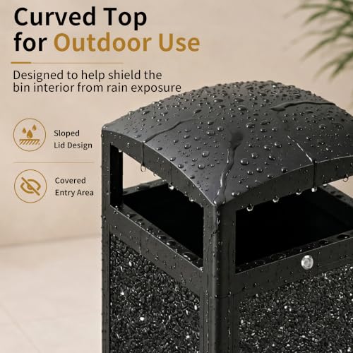Image of Commercial Outdoor Trash Can with Lockable Lid | Heavy Duty, 15 Gallon, Removable Inner Liner, Stone Composite Panels, Black