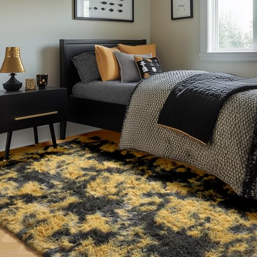 Amdrebio Black Gold Yellow Grey Rugs for Bedroom Living Room Decor, Fluffy Furry Fuzzy Shaggy Area Rug 4x6 for Kids Room Dorm Home Office, Modern Cool Leopard Cheetah Shag Carpet for Teen Boys Men