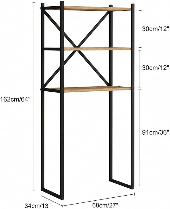 Braga Metal 3 Çamaşır Makinesi Üstü Düzenleyici Raf Banyo Dolap, Siyah - Çam, 162 × 70 cm