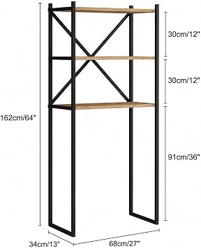 Braga Metal 3 Çamaşır Makinesi Üstü Düzenleyici Raf Banyo Dolap, Siyah - Çam, 162 × 70 cm
