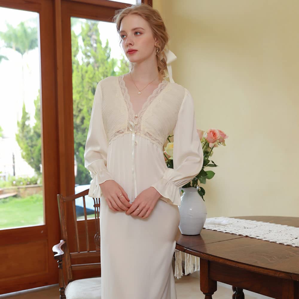 Nachthemd,Damen-Nachthemden, Beige, Satin, V-Ausschnitt, Hohle Spitze, Nähte Mit Knöpfen, Sexy Schlafhemd, Weiches, Bequemes, Langärmliges Nachthemd, Loungewear Für Damen, Mädchen, Pyjama-Party