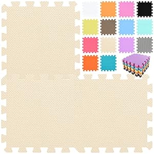 Zachte qqpp speelmat van EVA-schuim voor baby’s op de grond. Stapelbare, opvouwbare puzzelstukken, 18 tegels (30 x 30 x 1,0 cm), beige. QQC-Jb18N