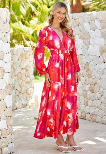 Image of Sissyaki Womens Long Sleeve Summer Maxi Dress 2026 Floral Dress Spring Wedding Guest Dress Coral Red-Watercolour S
