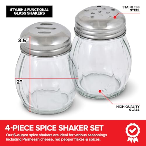 6oz Glass Spice Shaker & Cheese Dispenser Set of 4-6 Ounce with Slotted and Perforated Stainless Steel Tops - Clear Glass Grated Parmesan Cheese Shaker, Red Pepper Shaker, Shakers for Seasonings by Stock Your Home - Image 2