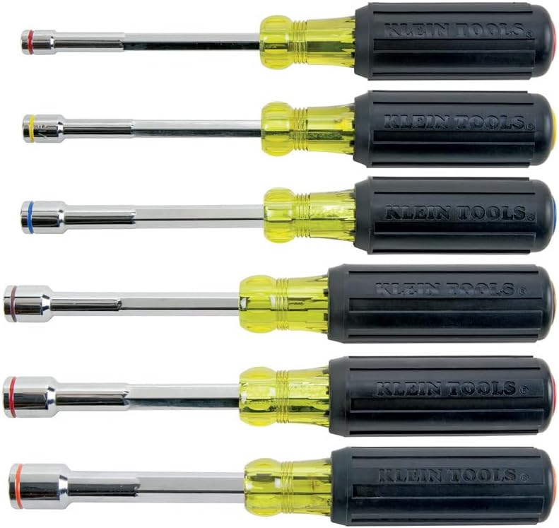 Klein Tools 635-6 Tool Set, Heavy Duty Magnetic Nut Drivers SAE Sizes 1/4, 5/16, 3/8, 7/16, 1/2, and 9/16-Inch Hex, 6-Inch, 6-Piece