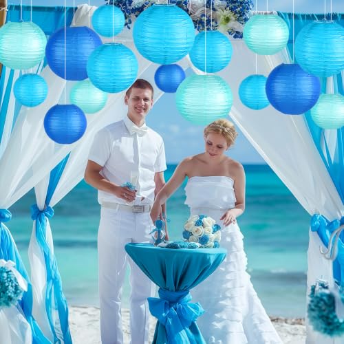 Image of 15-Pack Blue Paper Lanterns, Hanging Party Decorations | Dark-to-Light Gradient Shades in 6, 8 & 10 Inch Sizes for Boy Baby Showers, Graduations, Men's Birthdays, Ocean Themes
