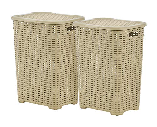 Plastic Laundry Hamper with Lid 2 Pack Laundry Hamper Basket, Beige Tall Cloths Hamper Organizer with Cut-out Handles. Space Saving for Laundry Room Bedroom Bathroom, Wicker Design 60 Liter