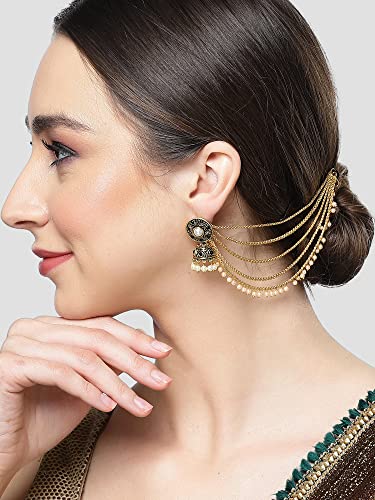 Image of Karatcart Gold Plated Pearl Chain Kundan Kaanchain Earrings for Women