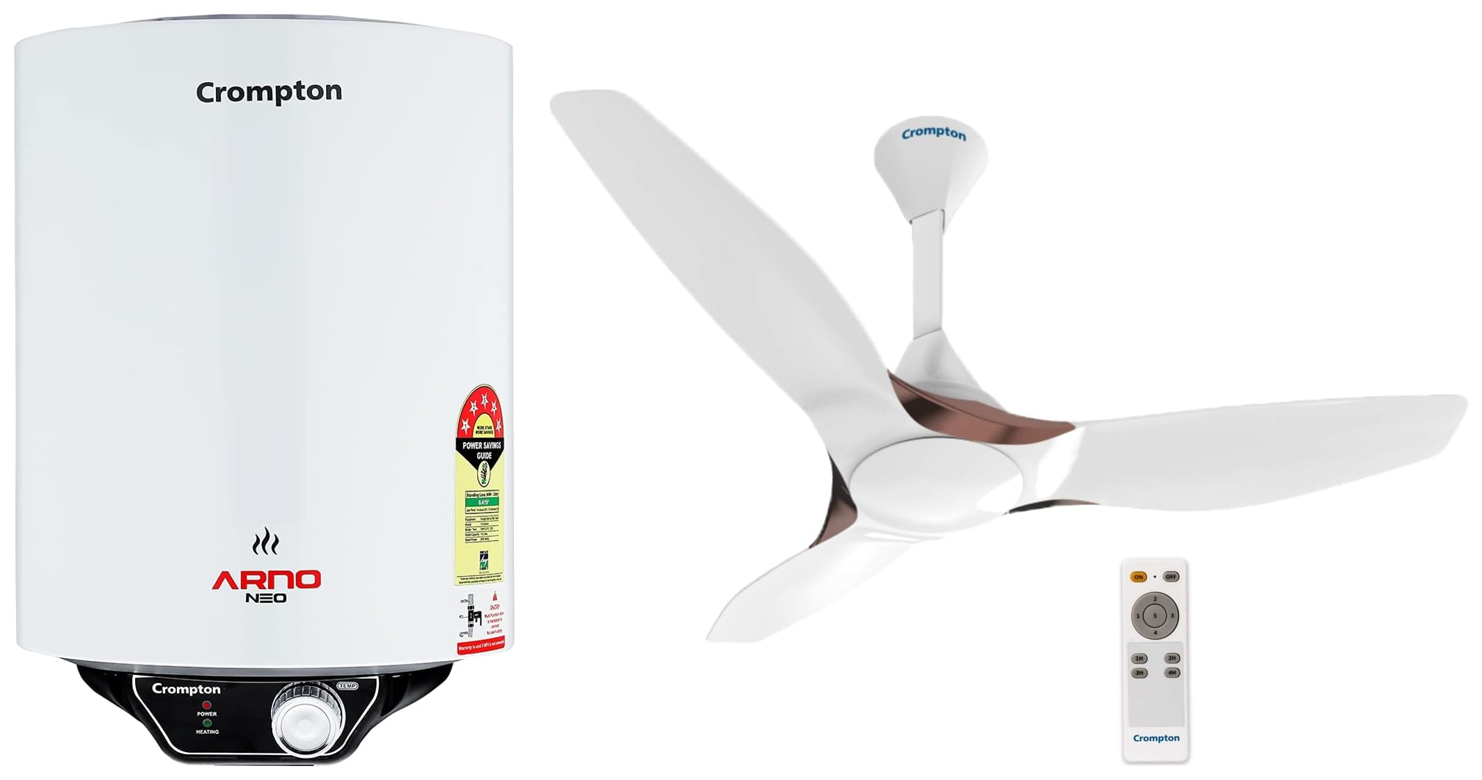 Crompton Silent Pro Enso 1225 Mm (48 Inch) Activbldc Remote-Controlled Ceiling Fan (Silk White) Arno Neo 10-L 5 stars Rated Storage Water Heater With Advanced 3 Level Safety (Grey)