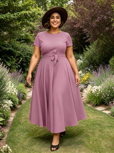 Image of Hostoyo Women Plus Size Formal A Line Maxi Dress Self Tie Waist with Pockets Elegant Round Neck Swing Long Dresses
