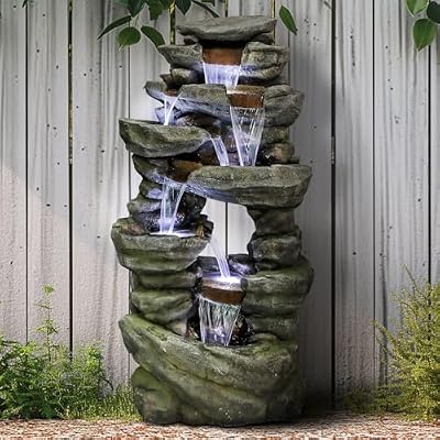 SunJet 60" High 7-Tiers Cascading Rock Outdoor Water Fountain with LED Lights - Large Outdoor Fountains and Waterfalls for Garden or Patio, Yard, and Deck Decor, Featuring Natural Stone Look