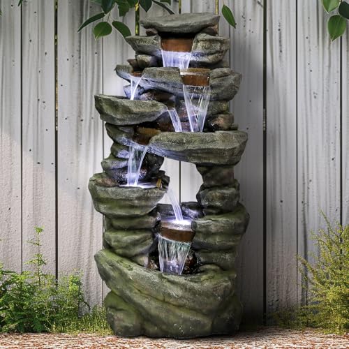 Image of SunJet 60 inch High 7-Tiers Cascading Rock Outdoor Water Fountain with LED Lights - Large Outdoor Fountains and Waterfalls for Garden or Patio, Yard, and Deck Decor, Featuring Natural Stone Look