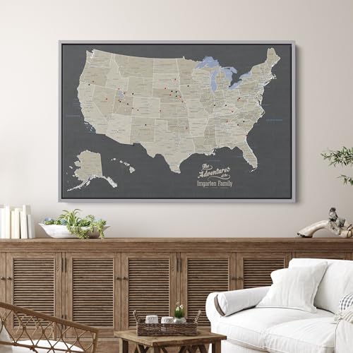 Image of United States Travel Map with Pins - Earth Tone USA Pinnable Map to Track Travels - Oversized Canvas Wall Art Gift for Travelers - Silver Float Frame - 34 inch x 51 inch