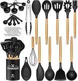 24 PCS Silicone Cooking Utensils Set, Kitchen Utensils Spatula Set with Holder, Wooden Handles Heat...