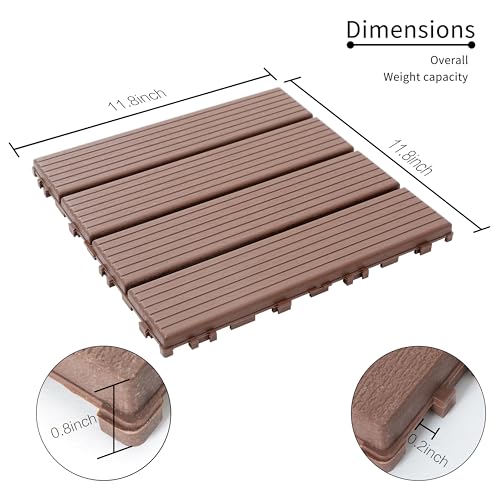 Partslety 44 Pack Plastic Interlocking Deck Tiles, 12\"x12\" Patio Deck Tiles, Waterproof Outdoor Flooring All Weather Use, Patio Floor Decking Tiles for Porch Poolside Balcony Brown As Shown One Size - Thumbnail 3