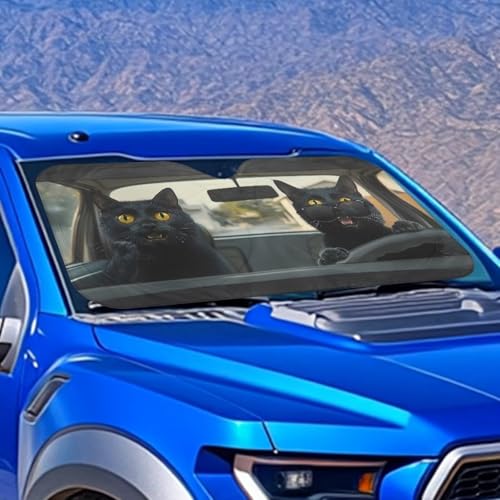 Image of Funny Black Cat Car Interior Accessories Sun Protection Easy to Install Automotive Windshield Sunshades Keep Cool UV Rays Protection for Most Sedan Truck Van