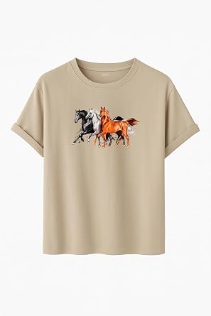 DK DAKSEL Unisex At Bask l  T-Shirt,%100 Pamuk, Rahat Kesim, K sa Kollu, Yuvarlak Yaka, G nl k Kullan m
