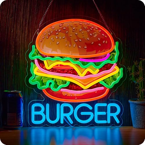 Image of Burger Neon Sign for Wall Decor Hamburger Business Dimmable LED Light USB Powered Burgers Art Signs for Food Shop Restaurant Snack, Size:16.5 x 12.6inch