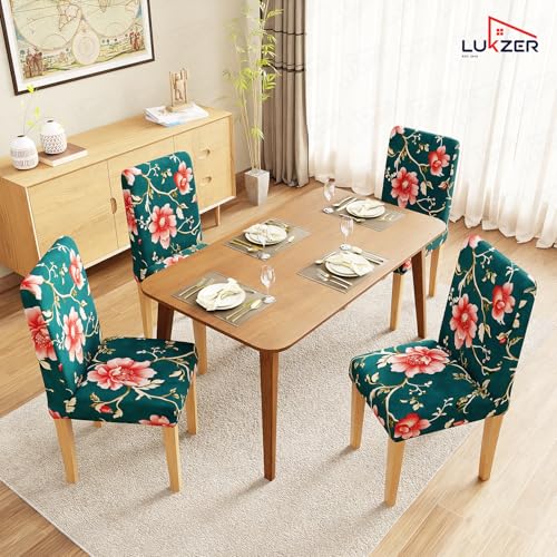 Image of Lukzer 1PC Blue Flower Stretchable Dining Chair Cover | Universal Fit Removable Washable Slipcover | 140 GSM Polyester + Spandex | Elastic Protective Cover for Home & Hotel Chairs Seat Slipcover