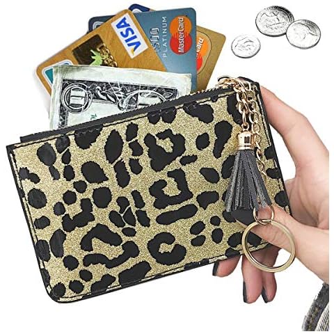 AnnabelZ Coin Purse Change Wallet Pouch Bling Card Holder with Key Chain Zip (A Gold Leopard) Cover