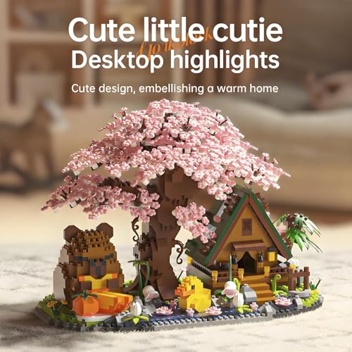 Image of SKY LINE OCEAN Capybara Cherry Blossom Bonsai Tree House Building Set, 2280+ PCS Micro Mini Blocks, Cute Animal Sakura Cabin DIY Kit, Desk Decor Craft Toy for Ages 14+ | 5 Year Structural Warranty