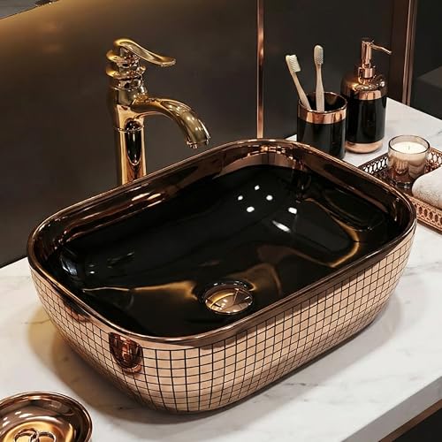 Image of BASSINO 18x13x5.5 Inches Table Top Washbasin /1 Year Warranty /Ceramic Wash Basin for Bathroom /Rectangular Shape Counter Top Wash Basin for Dining Hall /Living Room /Vessel Sink(Glossy Black & Rosegold)
