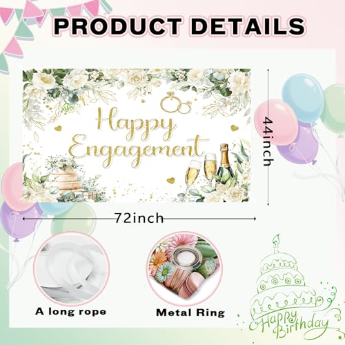 Image of Engagement Banner She Said Yes Fabric 72x44inch Happy Engagement Backdrop Sage Green Leaves Rose Champagne Background Wedding Bride to Be Party Decorations Photo Banner Booth