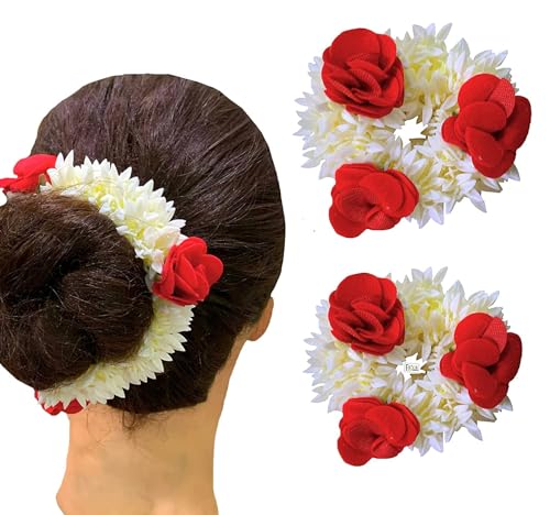 Mogra Gajra mariage indien pour chignon de mariée ou fête traditionnelle blanche et rouge